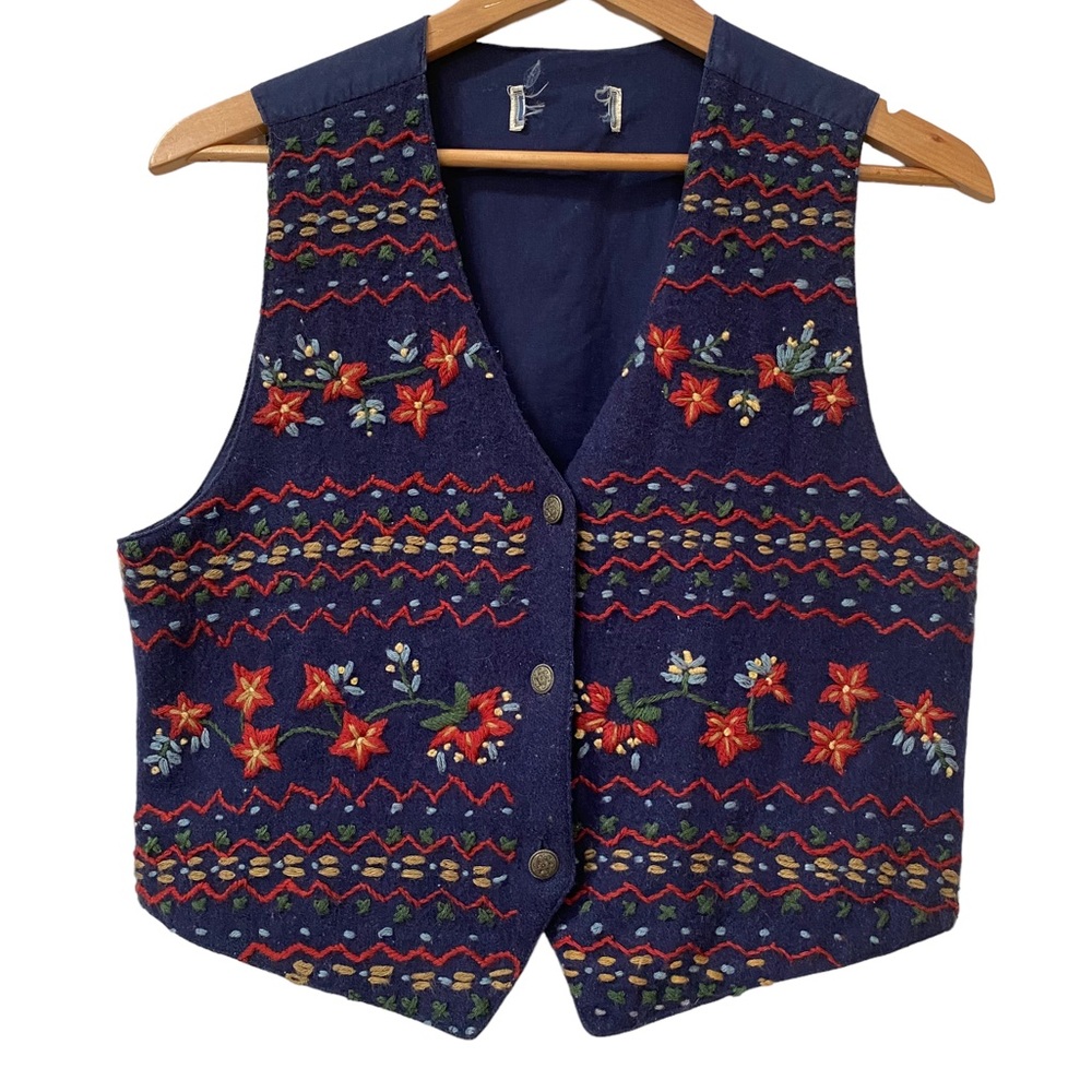 Vintage Embroidered Navy Blue Red Green Vest M L